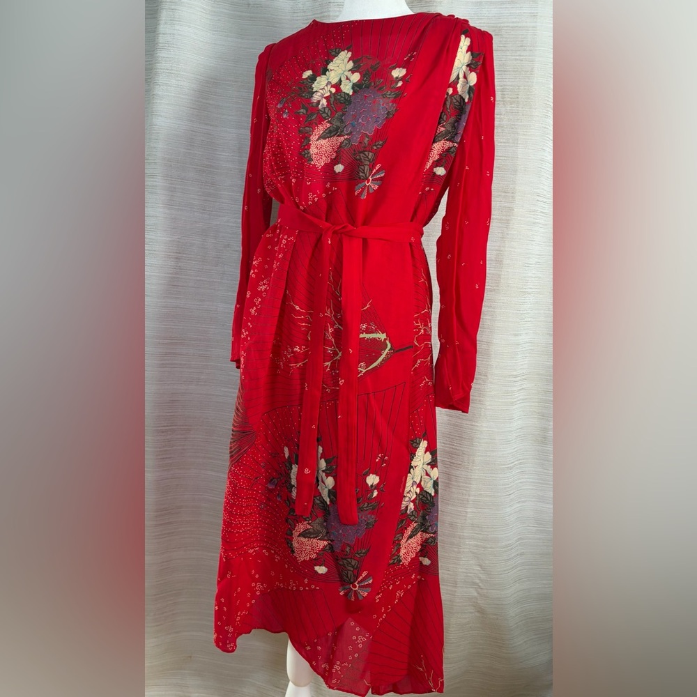 VTG Samuel Blue Red Floral Belt Wrap Dress Sheer Sz 14 Runs Very Small